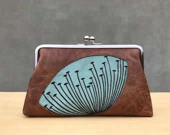 Brown Leather Dandelion Kiss Lock Clutch