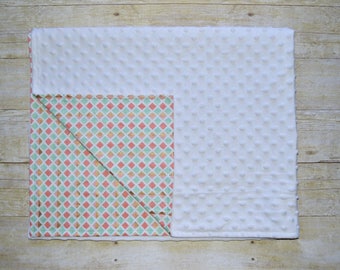 Diamond baby blanket - Coral, mint and gold - Gold nursery decor - White minky baby blanket - Coral and mint nursery