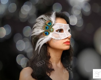 Peacock Face Mask,white Lace Peacock Mask,Masquerade Ball Mask,Half Face Mask,Woman Mask,Prom Mask,Mardi Gras Masks,Dance Mask,