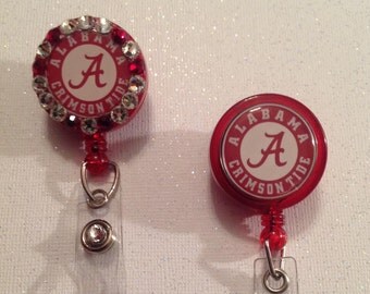 Alabama Crimson Tide College inspired Badge Id Reel Holder Lanyard Designer Crystals or Regular Alligator Clip Red Birthday Handmade New