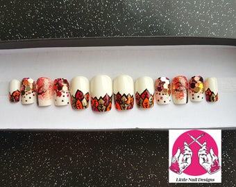 Hand painted Autumn Fall leaves false nails | Little Nail Designs