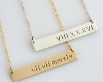 Roman Numeral Necklace / Nameplate Necklace /Personalized Bar /Layering/Gold Name Bar/ 14k Gold Fill/ Sterling Silver/ Bridesmaid Gift/ N224