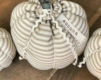Pumpkins / Beige Fabric Pumpkin / Ticking Stripe /Beige Ticking / Set of 3