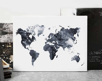 World Map Watercolor Print, World Map Poster Watercolor Grey Black And White, Modern Wall Art, Home Office Decor, Travel Art, Printable Art