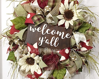 Welcome Y'all Wreath, Welcome Wreath, Year Round Wreath, Fall Wreath, Sunflower Wreath, Autumn Wreath, Front Door Wreath, Fall Decor