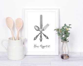 Vintage Cutlery Print, Bon Appetit, Kitchen Print