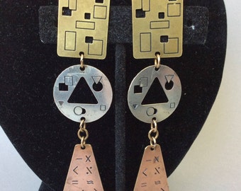 Signed NP Boho Mixed Metal Dangle Pierced Earrings