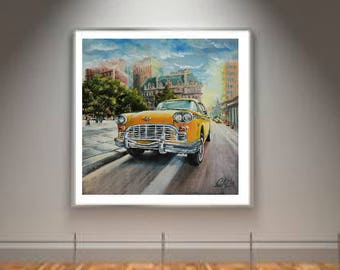 Giclee print of painting New York print art canvas print Yellow wall decor Fathers day gift Vintage car print Impressionist print Manhattan
