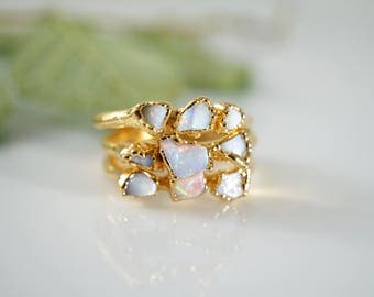 Raw Opal Ring • Gold Ring • Stacking Ring • October Birthstone • Mother's Ring • Triple Stone Ring