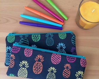 Rainbow Pineapples Pencil Case, Small Tropical Zipper Pouch, Colorful Pencil Case, School Supply Organizer, Back To School