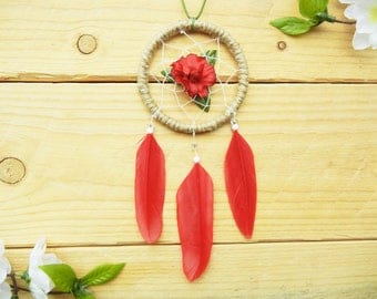 Crimson Rose Dreamcatcher: Car Accessories Rear View Mirror, Gift for Granddaughter, Classy Car Decor, Cute Car Decor, Red Car Accessories