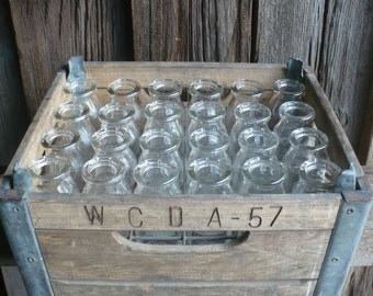 Vintage Milk Crate, Wood and Metal Milk Crate with 24 Glass Half Pint Milk Bottles, Dairy Crate, Dairy Glass