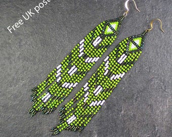 Sparkly Green, White & Black Beaded Fringe Earrings, Pierced Long Dangle Drop, Art Deco / Native American, Free UK Postage