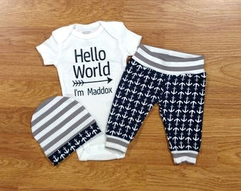 Baby Boy Coming Home Hello World Anchor Outfit, bodysuit hat pants, sailor, navy, nautical, shower gift, going home, coastal, newborn photos
