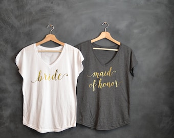 Bride shirt, Maid of Honor shirts, Gold V-neck, Bachelorette party shirts, Wedding day, Bridal Party, Matron of Honor shirt, MOH, Bridesmaid