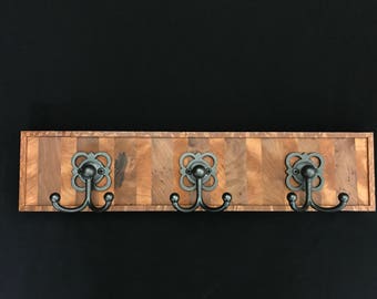 Redwood burl and lacewood coat rack