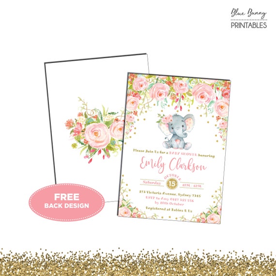 Pink And Gold Elephant Baby Shower Invitations 7