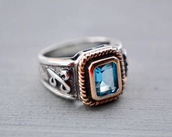 Blue Topaz Ring, Vintage Sterling Silver Topaz Ring 14kt Gold, Size 6.5, Unisex Silver Ring, Artisan Ring, Sterling Silver Ring, Signet Ring