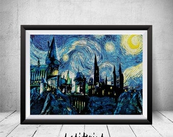 Hogwarts Castle, Harry Potter Paintings, Harry Potter Print, Harry Potter Art, Harry Potter Poster, Harry Potter Starry Night Hogwarts Art