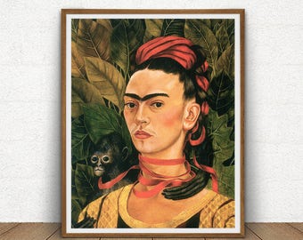 Frida Kahlo Self Portrait With Monkey Printable, Frida Kahlo Artwork, Art Reproduction, Boho Decor, Cottage Wall Art, Frida Kahlo Poster