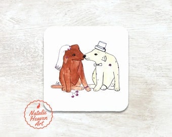 Wedding Dogs Personalized Coaster, Personalised Wedding Coasters Set, Dog Wedding Gift, Bride and Groom Gift, Country Wedding Table Decor