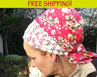 Charming red floral tichel,Cotton,Lace,Chemo hat,Head cover,Fresh and cool,Jewish tichel,Mitpachat,Apron,Sinar,Israel,Flowers,Head scarf