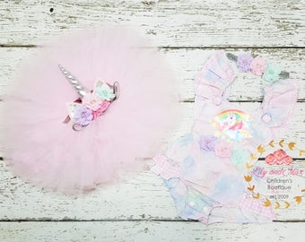 Embroidered Personalized Name Unicorn Face Pastel Rainbow Tutu Set Outfit main image 0