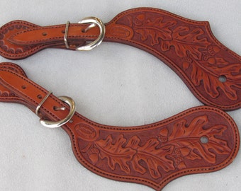 Western Oak Tooled Cowboy Spur Straps - Chestnut Leather With Silver Hardware (Pair)