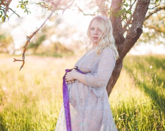Maternity Long Lace Robe With Elastic Waist From Dusty Lace, Bridal Get Ready Lace Robe, Maternity Hospital Gown, Honeymoon Wedding Lingerie