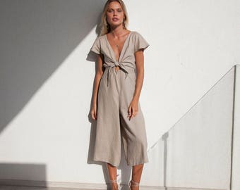 NEW! Chic Womens Summer French Linen Jumpsuit | Tie Front Linen Ladies Romper | Linen Jumpsuit Summer | Natural | Culotte Pant | Long