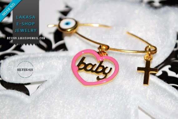 Pink Enamel Heart Baby Girl Brooch Sterling Silver Gold Handmade Jewelry Cross Eye Christening Mama HappyShowerDay Religious Baptism Newborn