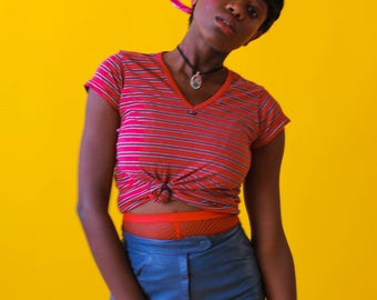 90s Tommy Hilfiger Red Blue White Striped Baby Tee | Sz S | Logo Tommygirl Cropped Shirt Embroidered Aesthetic Club Kid