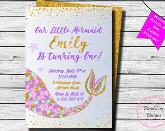 Mermaid birthday invitation, Mermaid invitation, Mermaid Party, Gold Glitter, Sparkle Mermaid, mermaid 1st birthday, Under the Sea, Pastel