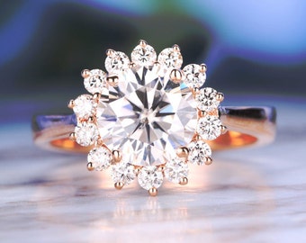 Rose gold engagement ring vintage Delicate Moissanite engagement ring Halo diamond Wedding women Cluster Flower Floral Anniversary gift