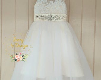 Sweet Cream Ivory Tulle Flower Girl Dress lace Bodice Sleeveless Princess Party Dress Knee Length Tea Length Floor length fully customisable