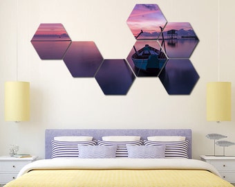 Boat on sea hexagon canvas print, hexagon wall art design, nature wall art design, landscape unique canvas art, sea canvas print