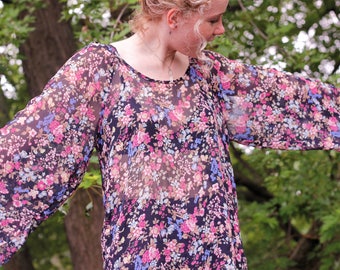 Vintage Bell Sleeved Sheer Floral Blouse