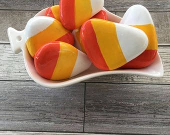 Halloween Candy Corn Hand Painted Rock Set of 7 in Serving Dish