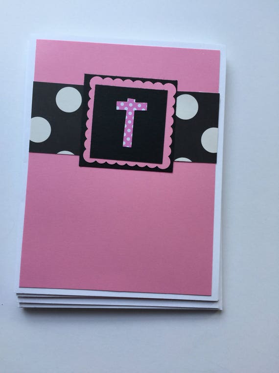 4 Pack Initial Note Cards Pale Pink Background with a Black