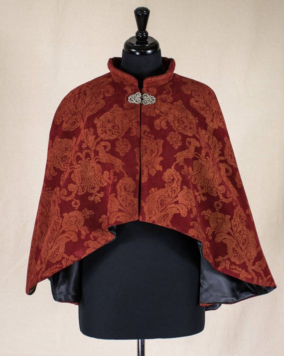 Rust Red and Gold Damask Mini Cloak with Pewter Clasp