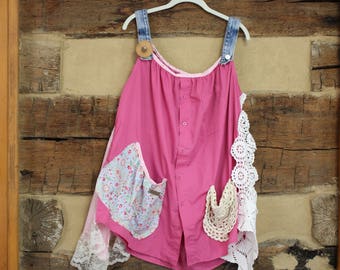 Womens Shabby Chic Tunic Top Dress Upcycled Patchwork Lagenloook Hippie Clothes Boho Chic Clothing Country Style Mori Girl Plus size