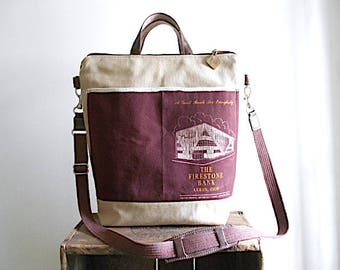 Canvas & vtg bank bag tote, crossbody tote, laptop bag - Firestone Bank Akron Ohio - eco vintage fabrics