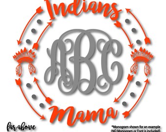 Team Indians Mama with Headdress Feathers Monogram Wreath (monogram NOT included) SVG, EPS, dxf, png, jpg digital cut file Silhouette Cricut