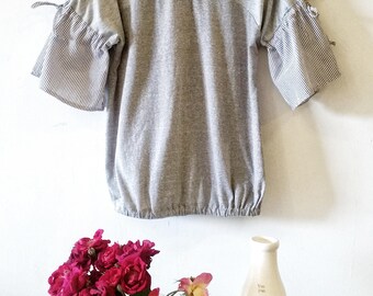 Women's Ruffle Tops in Grey, Summer Tops for Women, Women's Cotton Tops with Ruffle Sleeve, Women's Clothing Dolman