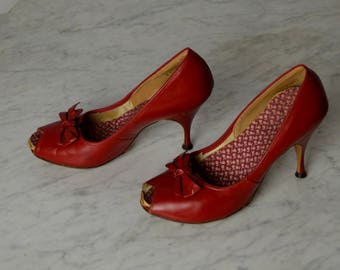 Vintage High Heels, Stiletto Heels,1950s Shoe, 50s Shoes, Red Shoes, Peep Toe, Rockabilly Shoes, Pin Up Shoes,