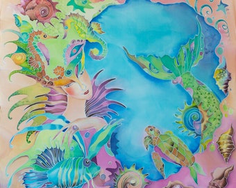 Mermaid-Queen Hand Painted Silk Scarf Wall Decor For Mermaid Lovers Ready to Ship