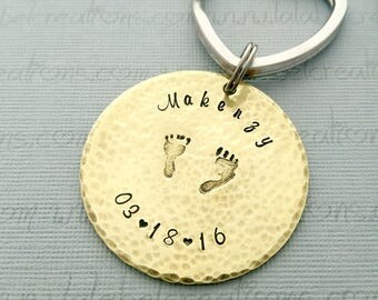 Baby Foot Print Personalized Key Chain, Child Loss Memorial Key Chain, Hand Stamped Remembrance Key Ring