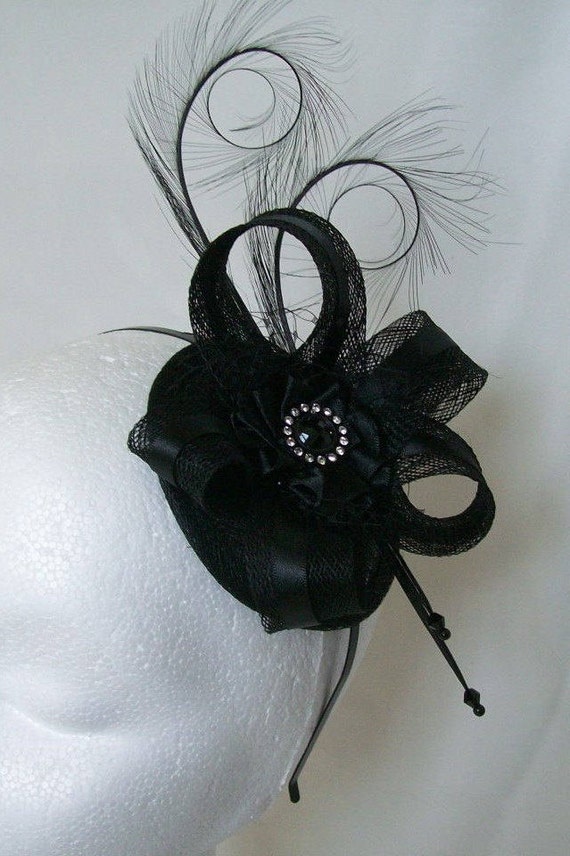 Black Satin & Sinamay Pheasant Curl Feather Isabel Wedding Gothic Steampunk Fascinator Mini Hat - Custom Made to Order by IndigoDaisyWeddings steampunk buy now online