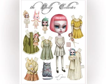 The Dolly Collector - full color Big Eyes pop surrealism paper art doll sheet - by Mab Graves