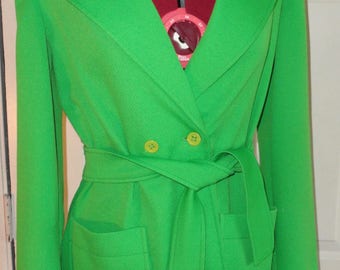 Vintage 60's 70's Mod Bright Green Double Breasted Blazer Jacket w/ Belt M